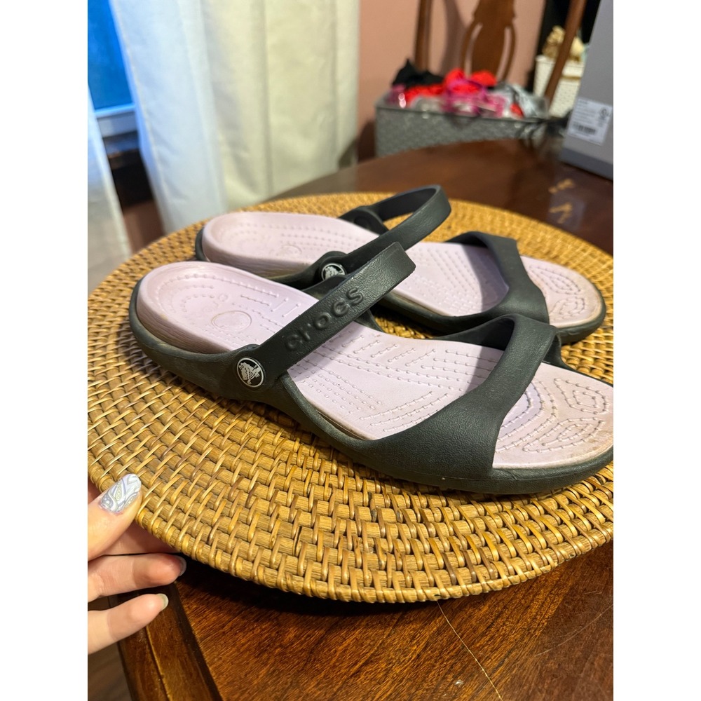 Crocs Cleo Sandals Womens 8 Charcoal Grey Lavender Purple Dual Strap Slides